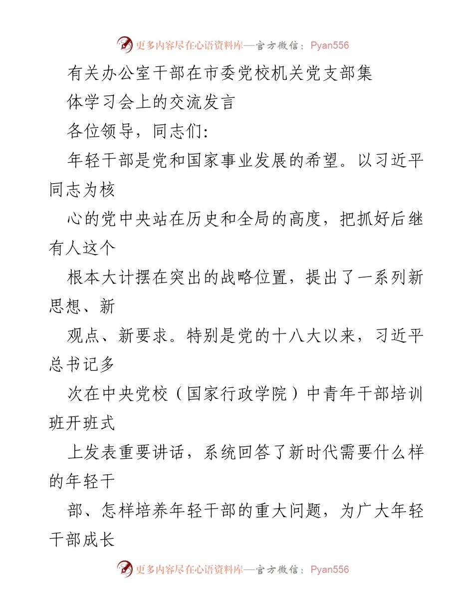 [发言] 市委党校机关党支部学习会 - 年轻干部成长的信念与责任.docx_第1页