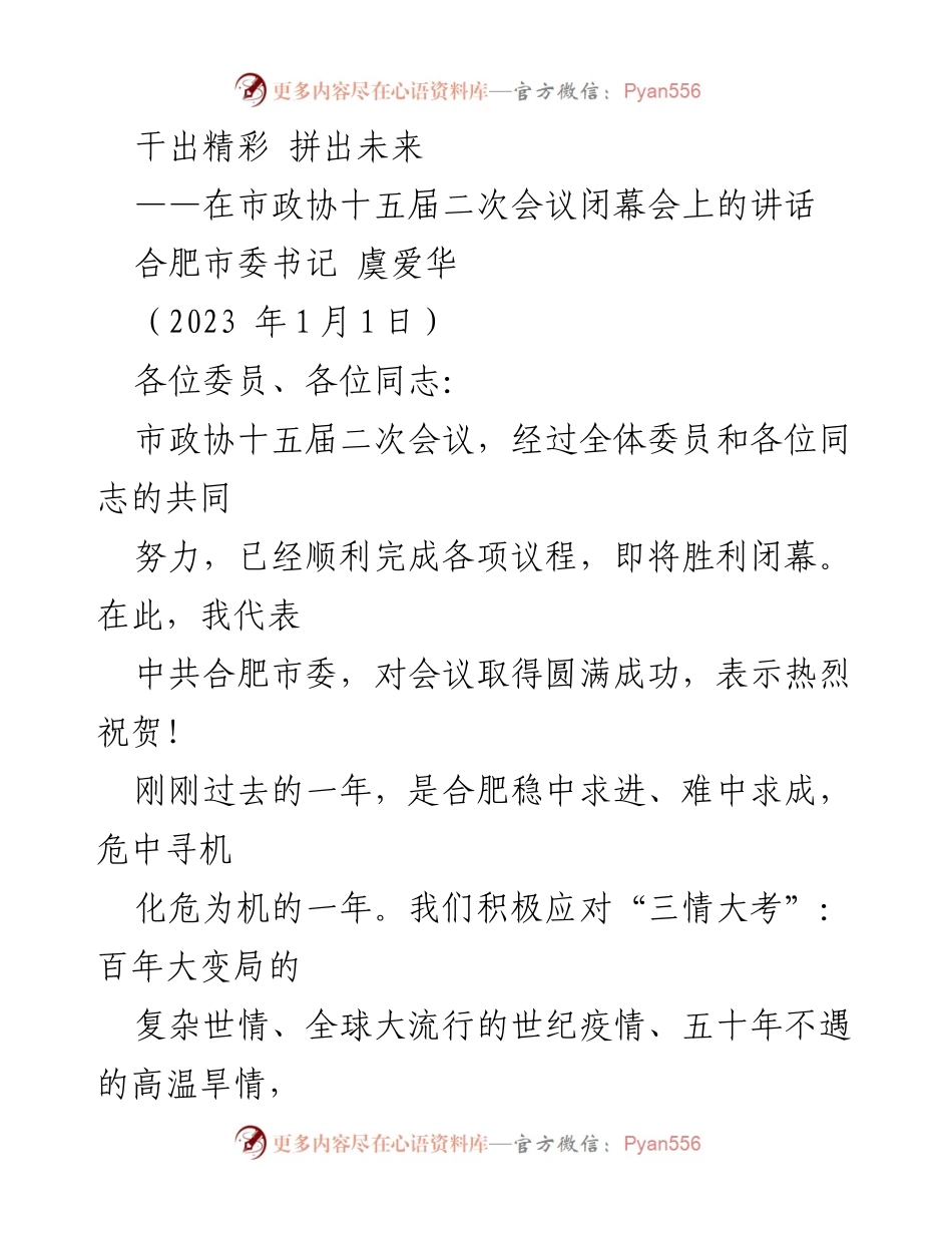 [发言] 市政协十五届二次会议闭幕会 - 干出精彩，拼出未来：合肥市委书记在市政协会议闭幕会上的讲话.docx_第1页