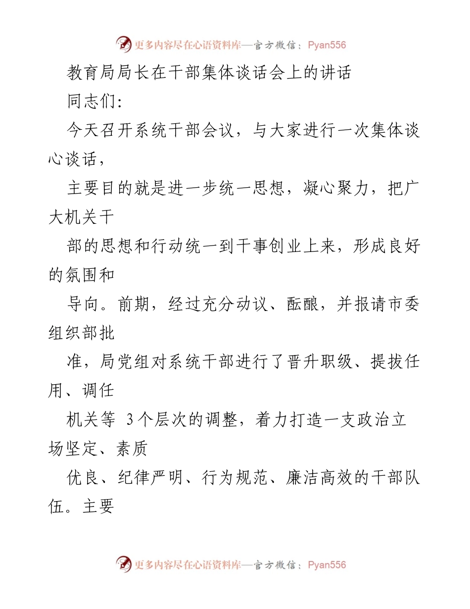 [发言] 干部集体谈话会 - 加强干部队伍建设，促进年轻干部成长.docx_第1页