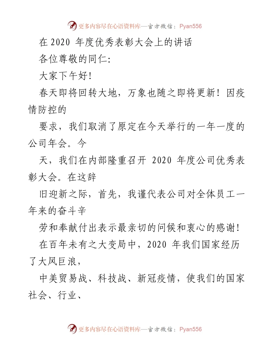 [发言] 年度表彰大会 - 2020年度优秀表彰大会讲话及未来发展展望.docx_第1页