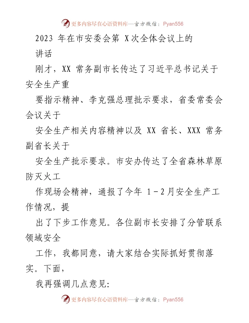 [发言] 市安委会全体会议 - 加强安全生产责任，防范化解风险隐患.docx_第1页