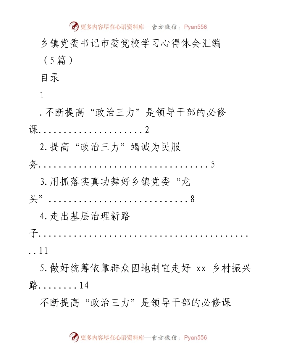 [发言] 市委党校学习 - 提升“政治三力”助力乡镇发展.docx_第1页