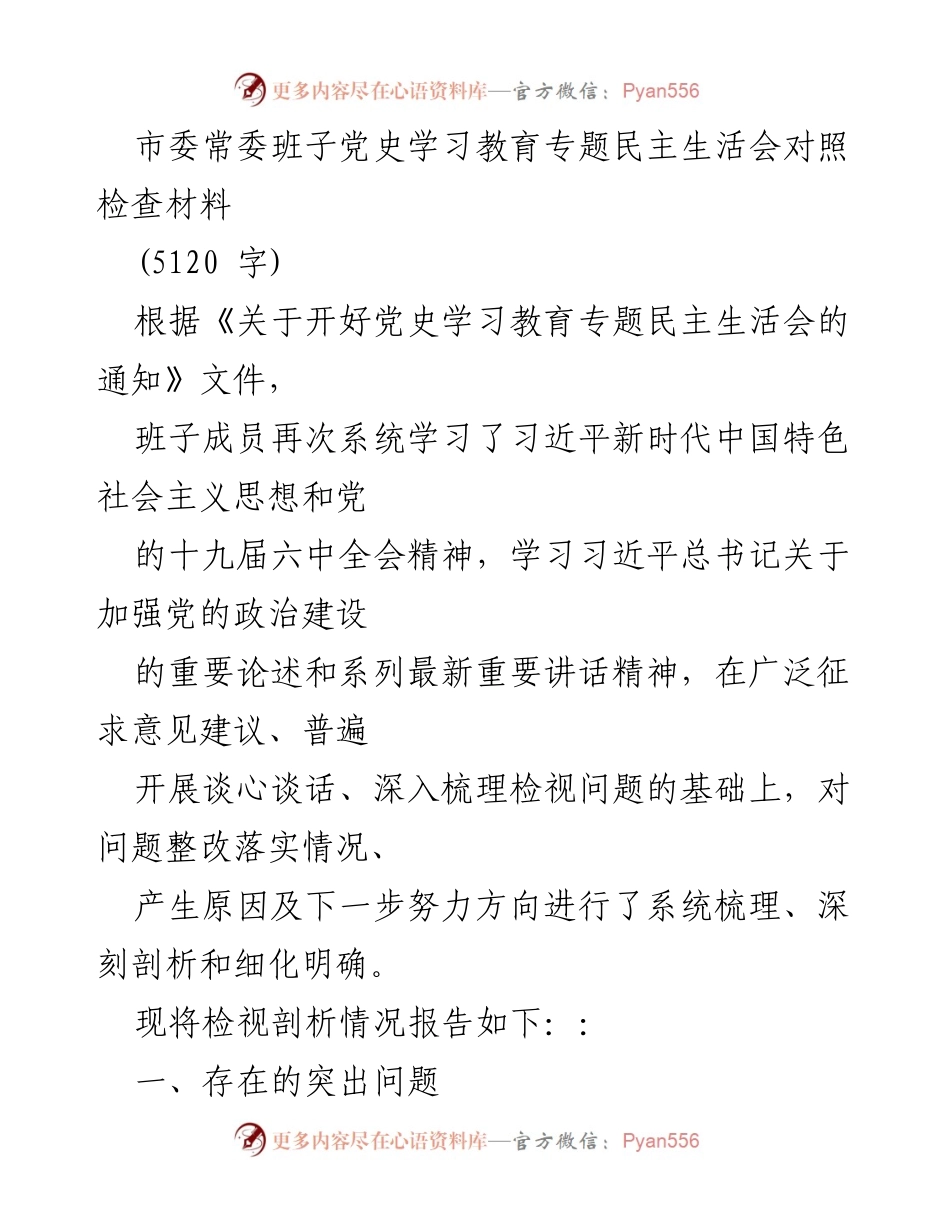 [发言] 市委常委班子党史学习教育专题民主生活会 - 党史学习教育专题民主生活会对照检查与问题剖析报告.docx_第1页