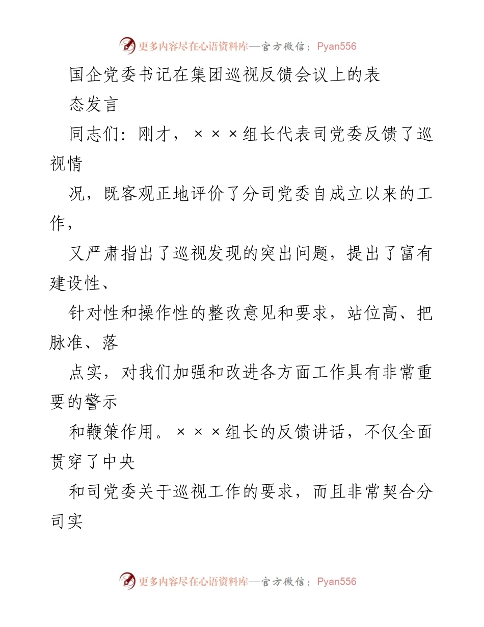 [发言] 巡视反馈会议 - 国企党委书记在巡视反馈会议上的整改表态发言.docx_第1页