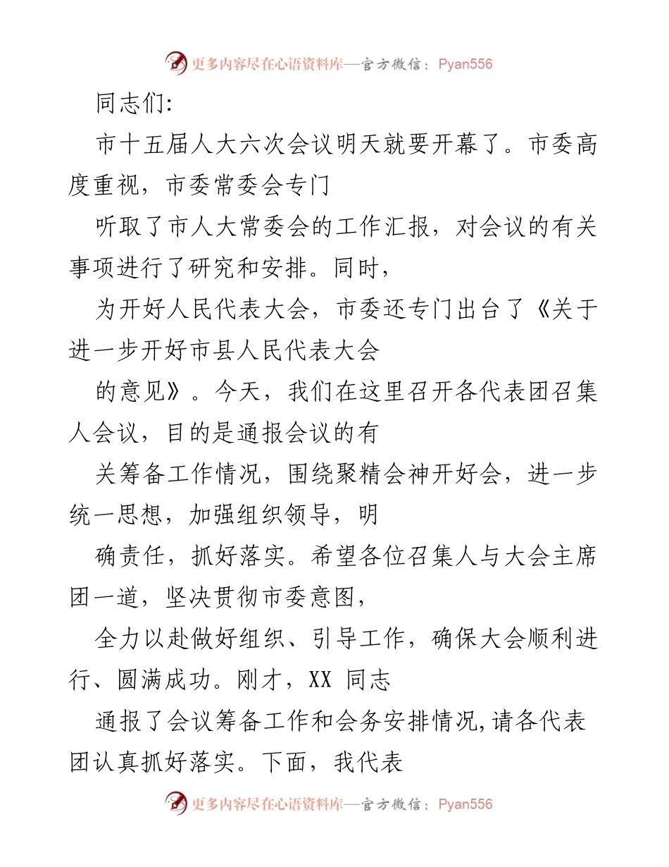 [发言] 市十五届人大六次会议筹备会议 - 确保市人大会议顺利召开，统一思想与责任落实.docx_第1页