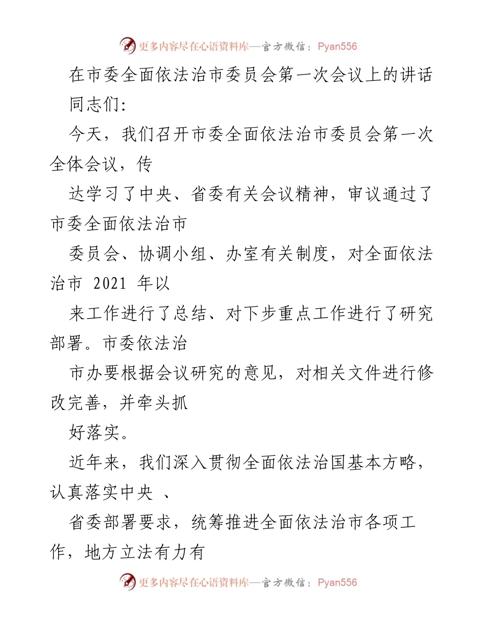[发言] 市委全面依法治市委员会第一次会议 - 推进全面依法治市的重要性与措施.docx_第1页