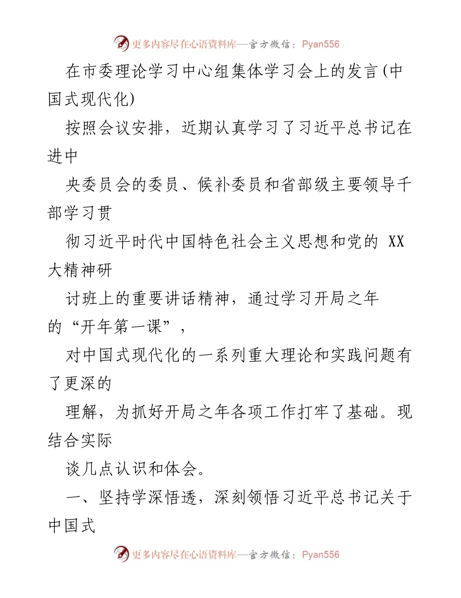 [发言] 市委理论学习中心组集体学习会 - 深刻领悟中国式现代化理论，推动高质量发展.docx_第1页