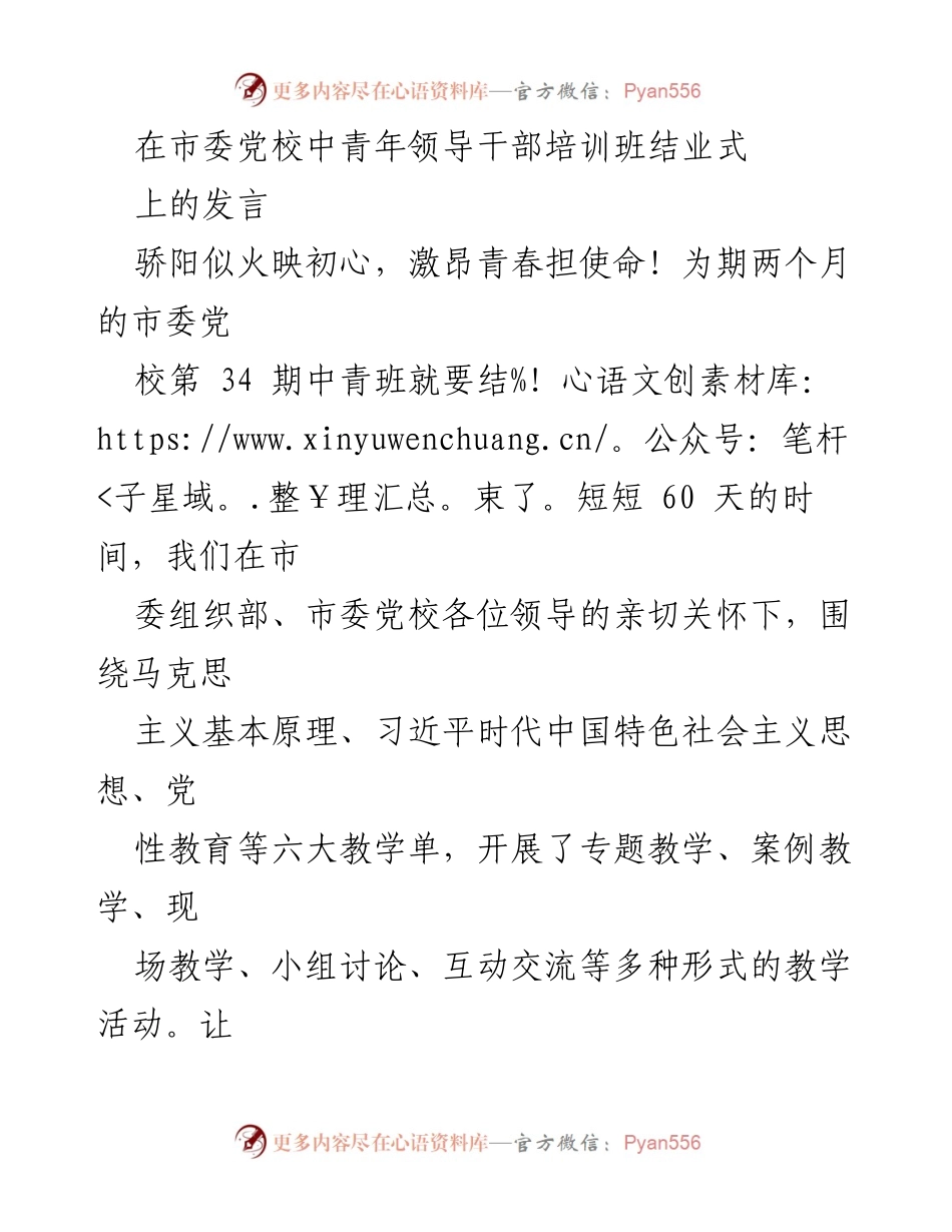 [发言] 市委党校中青年领导干部培训班结业式 - 激扬青春，坚定信念：市委党校中青班结业发言总结.docx_第1页