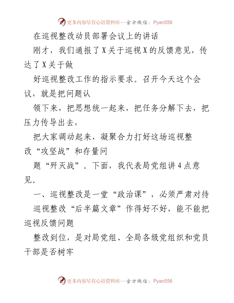 [发言] 巡视整改动员部署会议 - 加强巡视整改工作，凝聚合力打赢“攻坚战”.docx_第1页