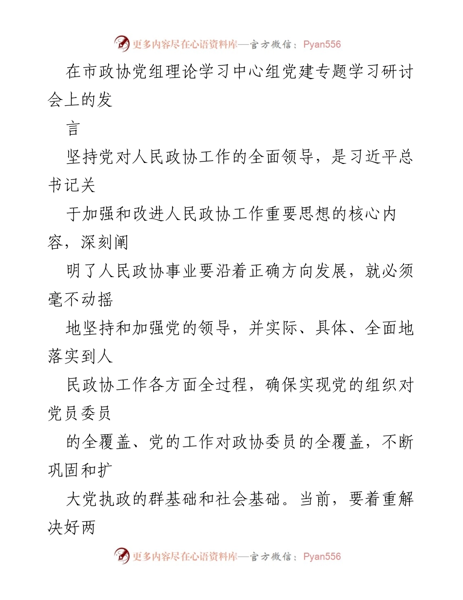 [发言] 市政协党组理论学习中心组党建专题学习研讨会 - 坚持党的全面领导，推动人民政协高质量发展.docx_第1页