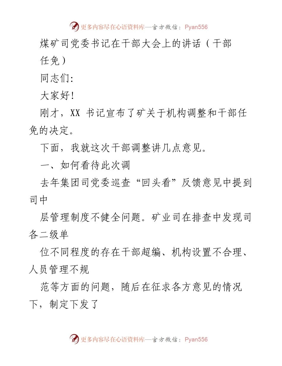 [发言] 干部大会 - 煤矿干部调整与管理思考讲话_1.docx_第1页