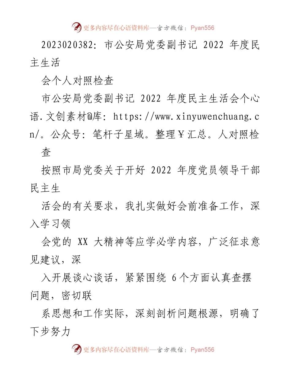 [发言] 市公安局党委副书记2022年度民主生活会 - 2022年度民主生活会个人对照检查报告.docx_第1页