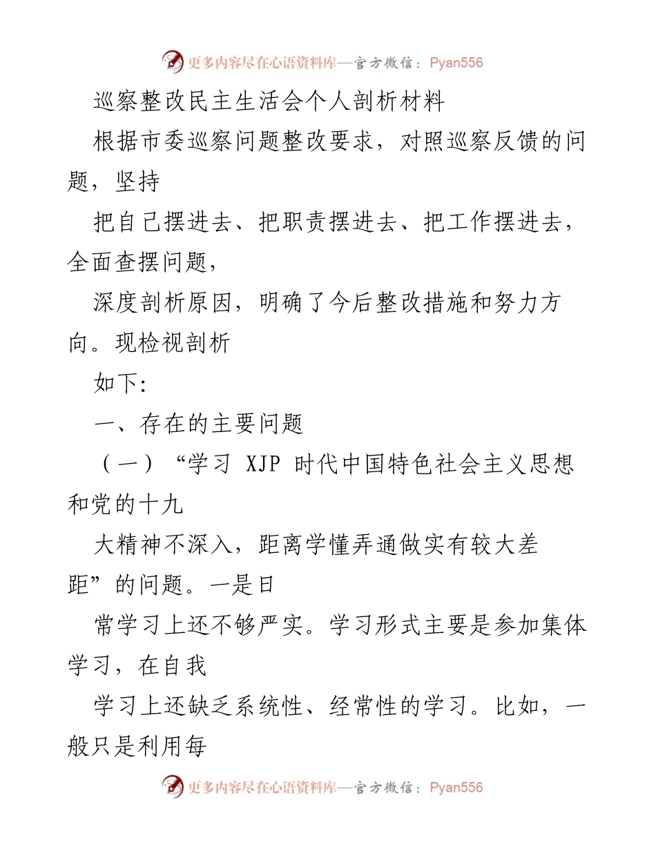 [发言] 巡察整改民主生活会 - 深入剖析巡察反馈问题与整改措施.docx_第1页