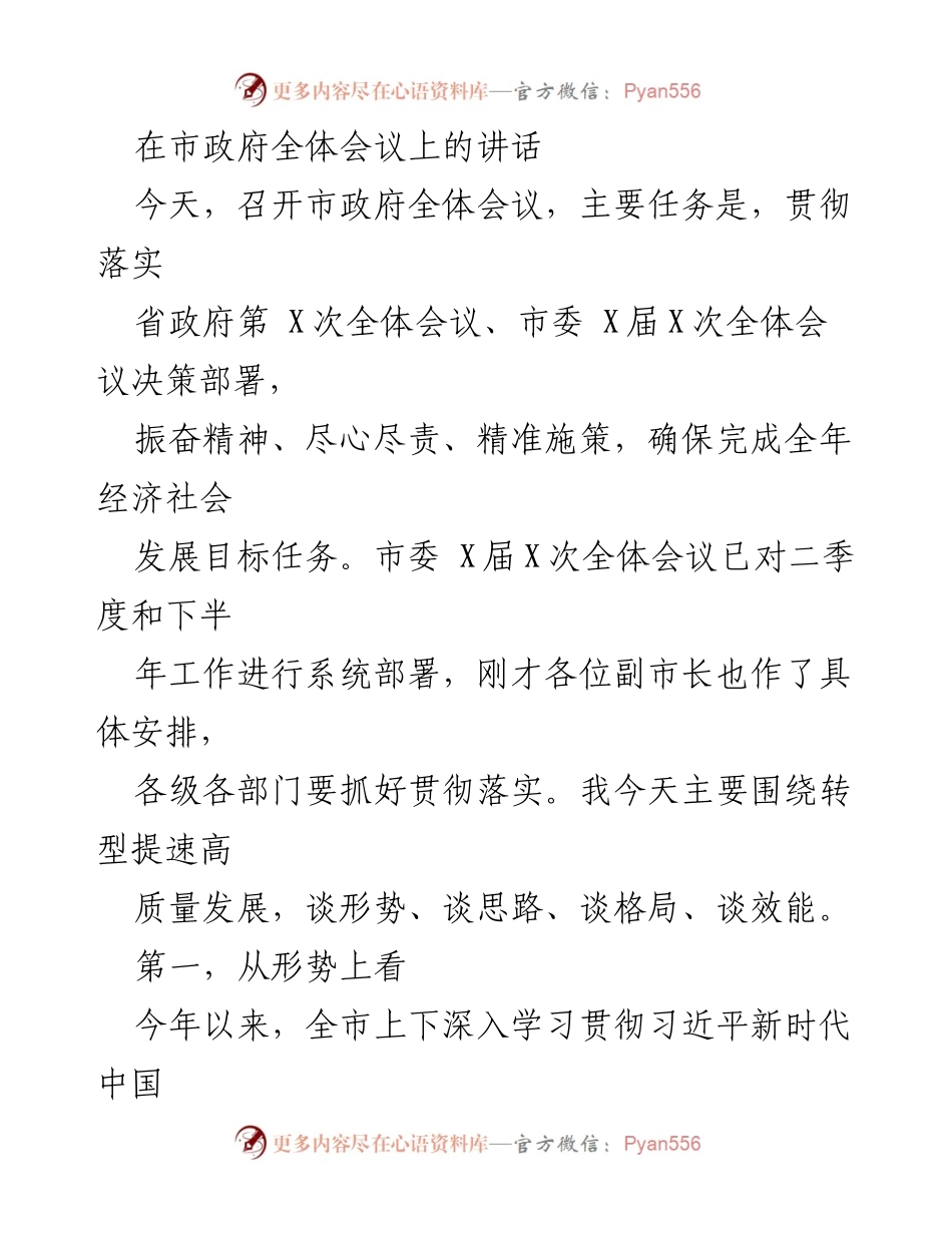 [发言] 市政府全体会议 - 高质量发展与经济形势分析.docx_第1页