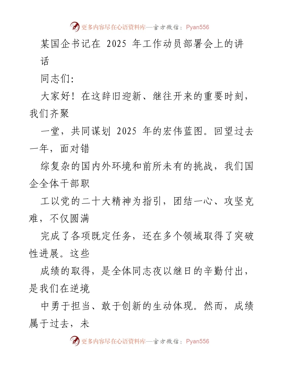 [发言] 工作动员部署会 - 2025年国企发展战略动员讲话.docx_第1页