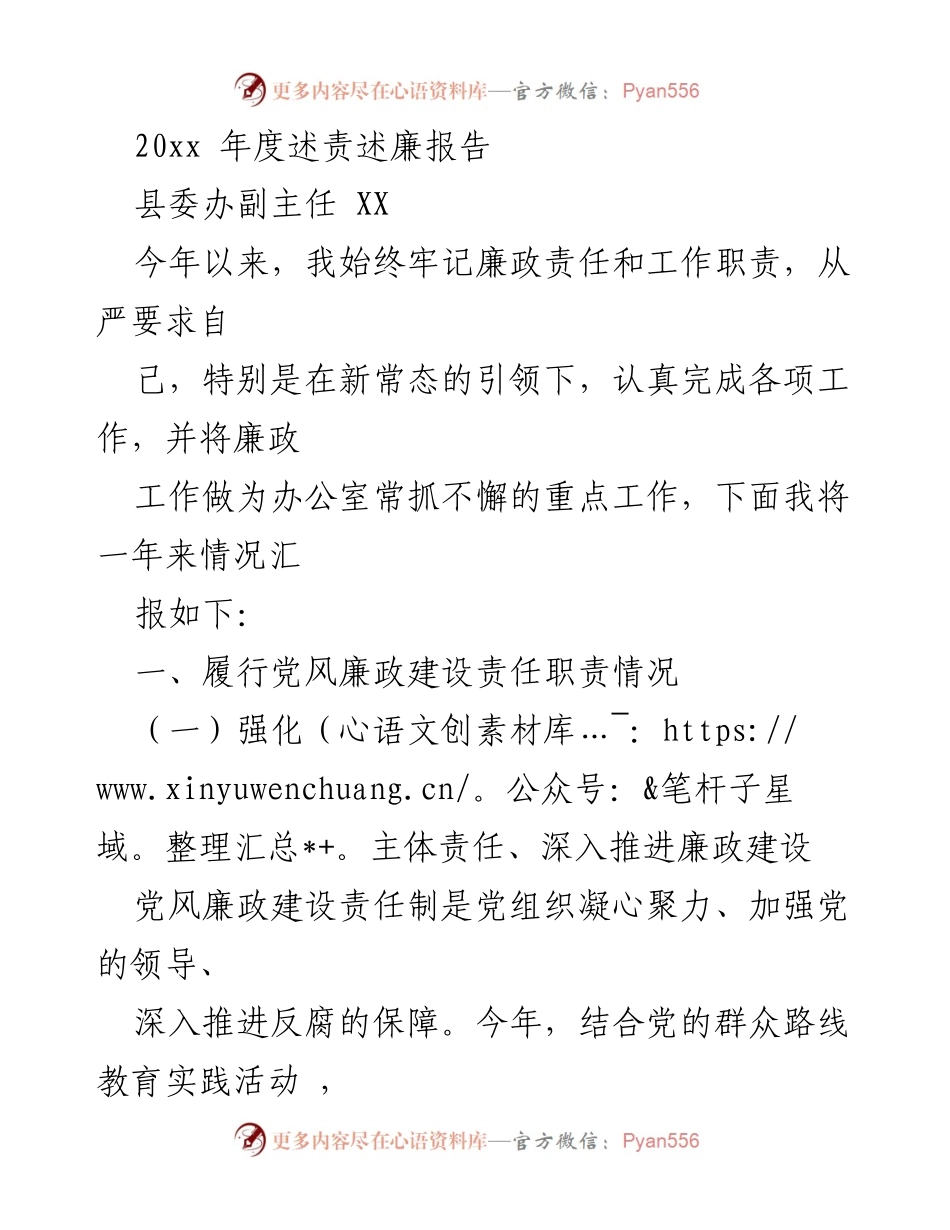 [发言] 年度述责述廉会议 - 20xx年度县委办副主任述责述廉报告.docx_第1页