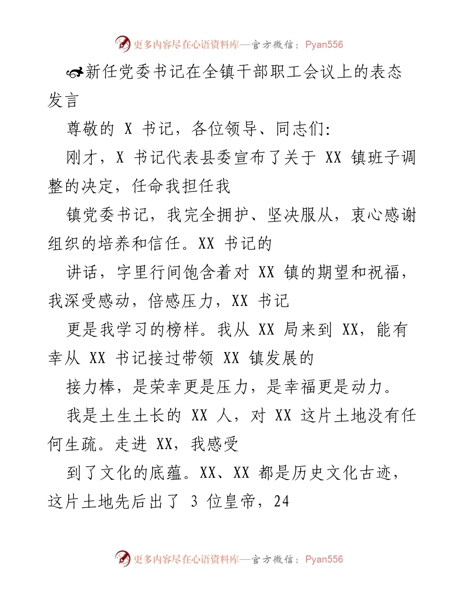 [发言] 干部职工会议 - 新任党委书记的表态发言与承诺.docx_第1页