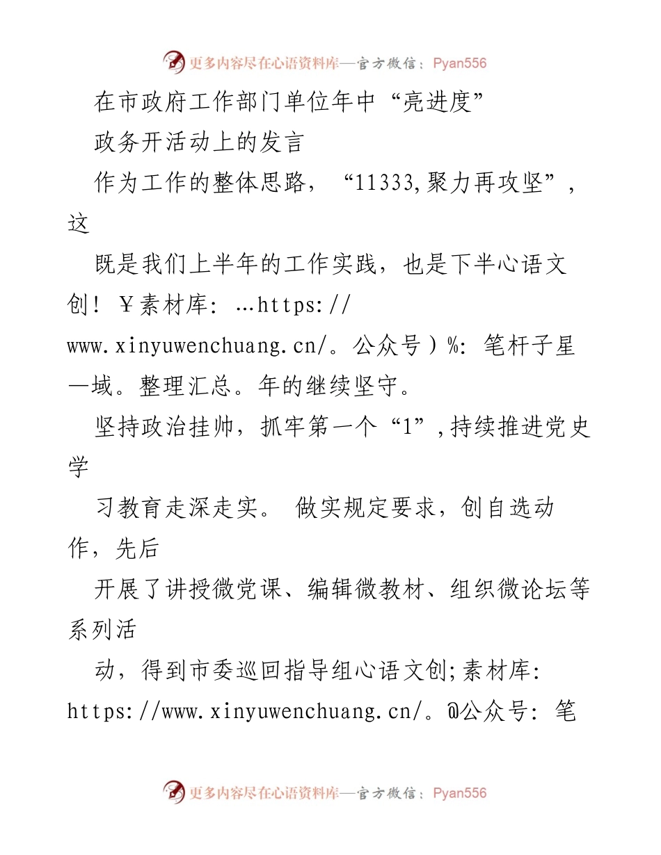 [发言] 市政府工作部门单位年中“亮进度”政务活动 - “11333”工作思路与党建引领下的进度汇报.docx_第1页