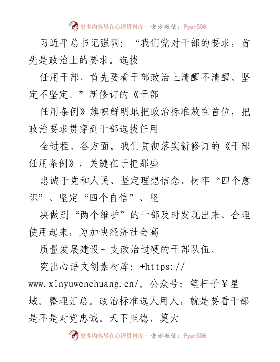 [发言] 干部选拔工作会议 - 突出政治标准，建设高质量干部队伍.docx_第1页