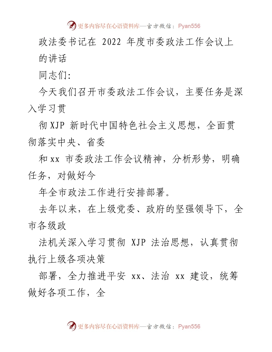 [发言] 市委政法工作会议 - 加强政法工作，维护社会稳定与法治建设.docx_第1页