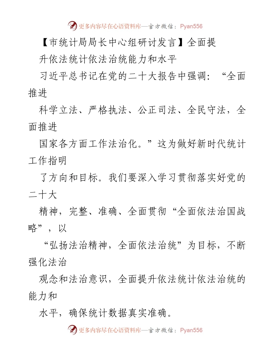 [发言] 市统计局中心组研讨 - 提升依法统计与依法治统能力的重要性.docx_第1页