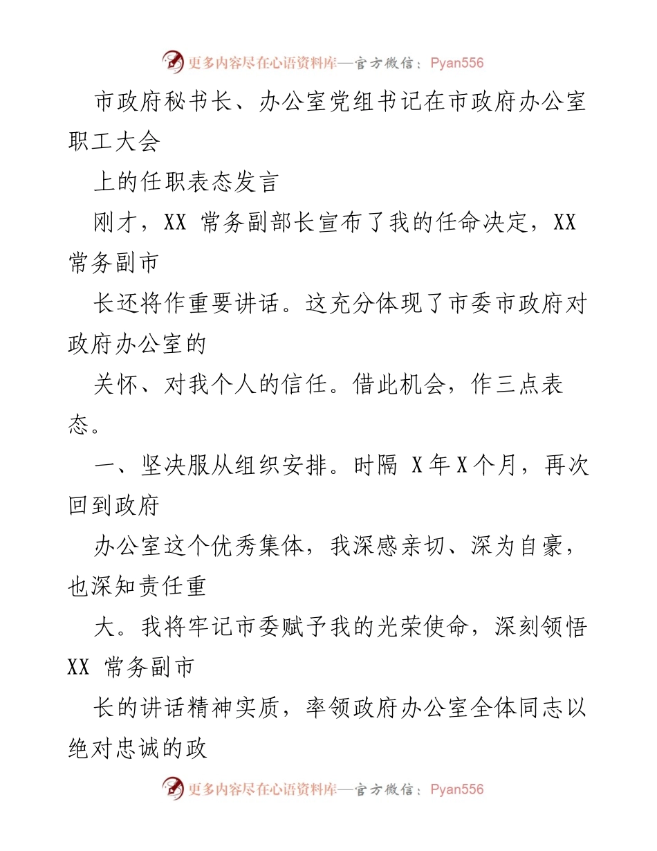 [发言] 市政府办公室职工大会 - 秘书长任职表态：坚守责任、贯彻精神、提升标准.docx_第1页