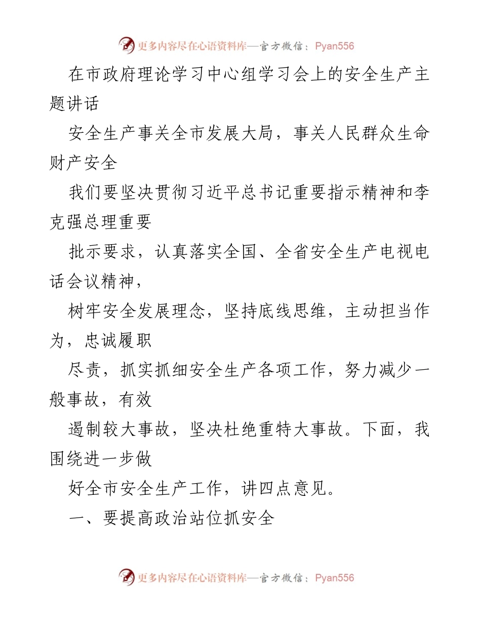 [发言] 市政府理论学习中心组学习会 - 加强安全生产工作，保障人民生命财产安全.docx_第1页