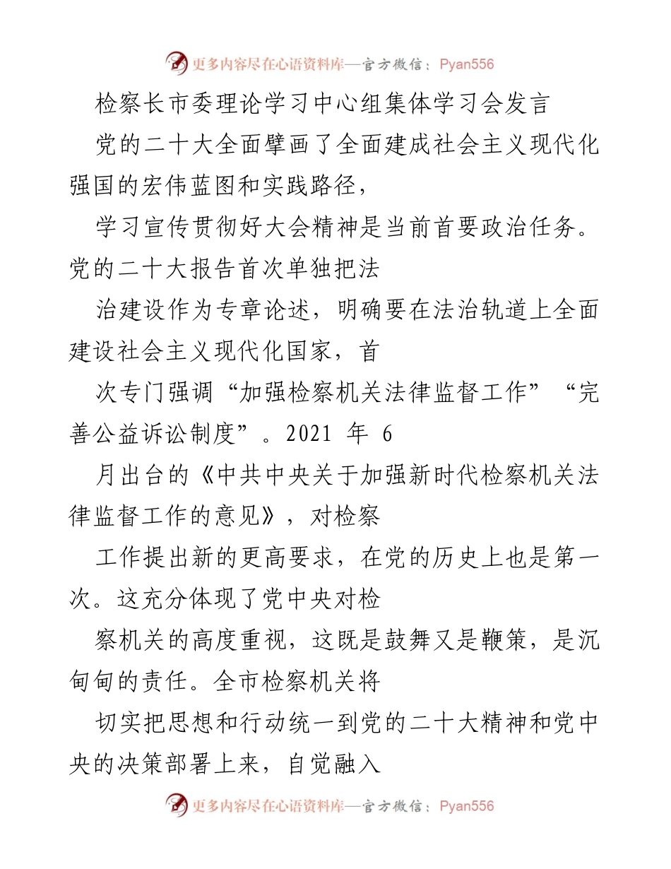 [发言] 市委理论学习中心组集体学习会 - 深入学习贯彻党的二十大精神，推动检察机关法治建设.docx_第1页