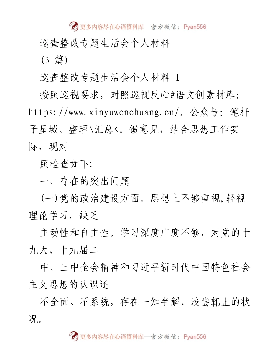 [发言] 巡查整改专题生活会 - 巡查整改中的思想政治建设问题分析与反思.docx_第1页