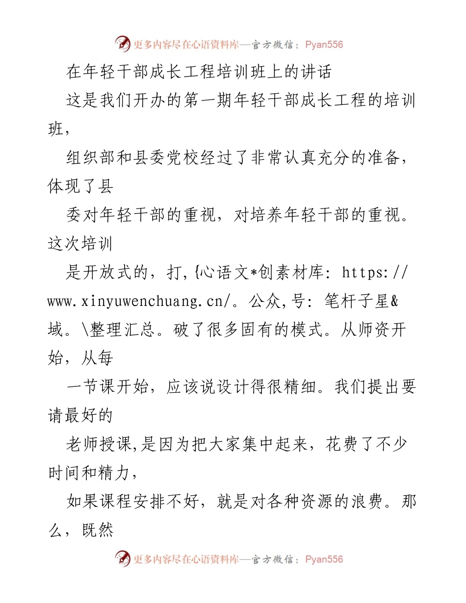 [发言] 年轻干部成长工程培训班 - 强调年轻干部培训的重要性与发展方向.docx_第1页