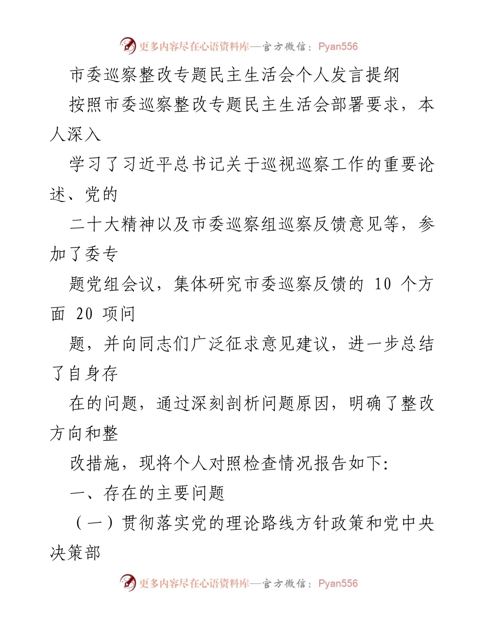 [发言] 市委巡察整改专题民主生活会 - 巡察整改中的自我剖析与整改措施.docx_第1页