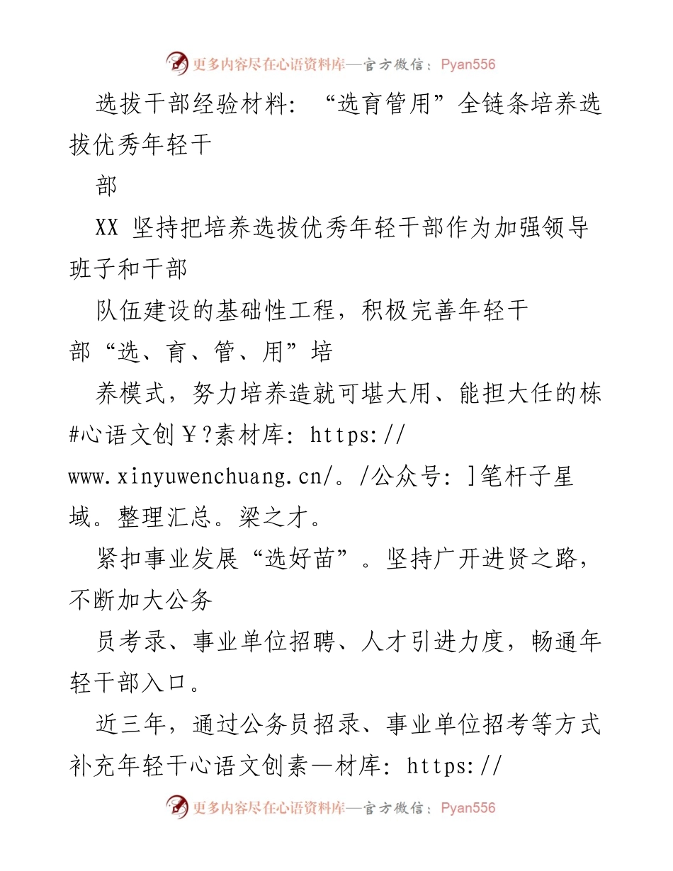 [发言] 干部选拔研讨会 - “选育管用”全链条培养优秀年轻干部经验分享.docx_第1页