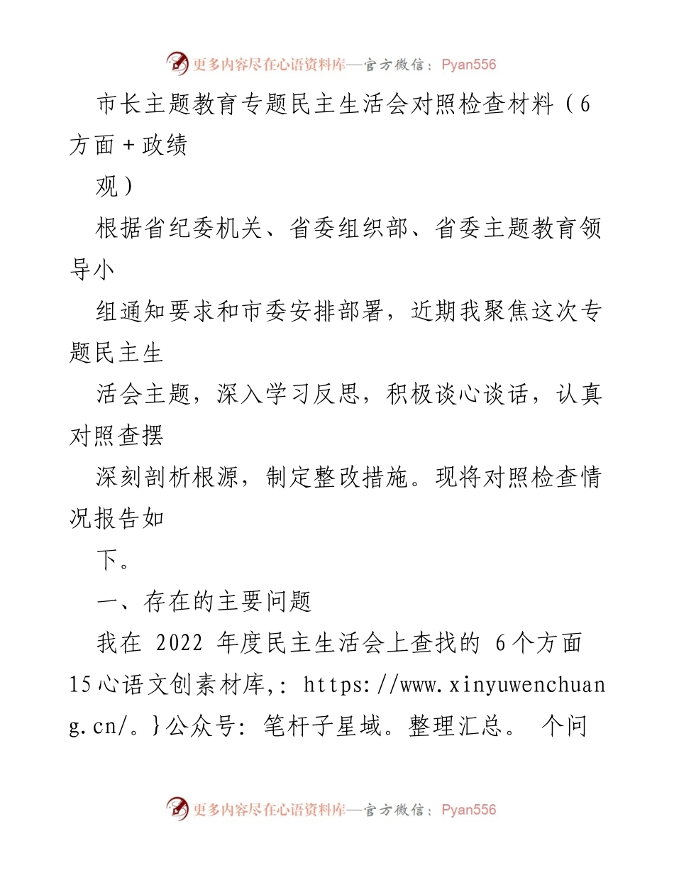 [发言] 市长主题教育专题民主生活会 - 深入反思与整改：市长在专题民主生活会上的对照检查材料.docx_第1页