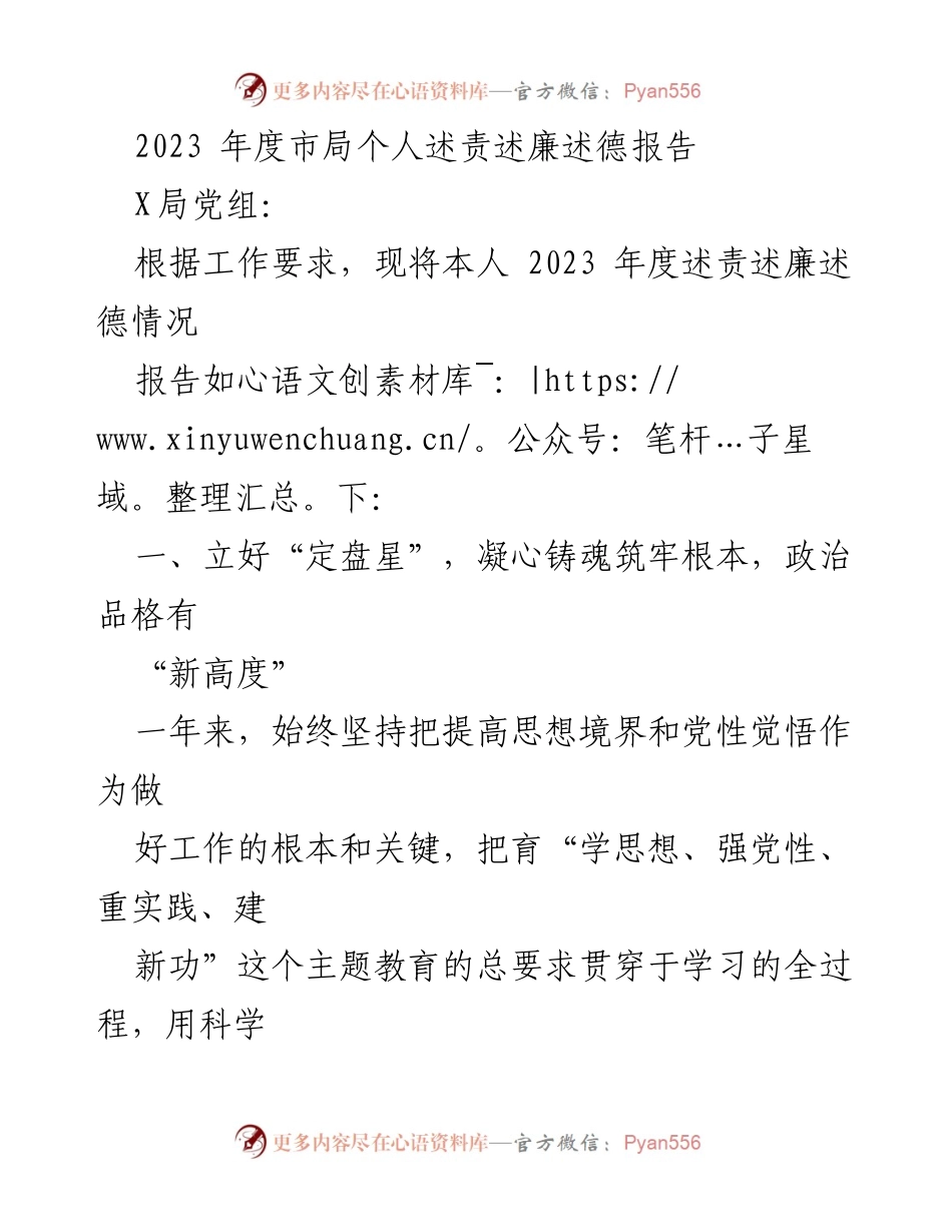 [发言] 年度总结 - 2023年度市局个人述责述廉述德报告.docx_第1页
