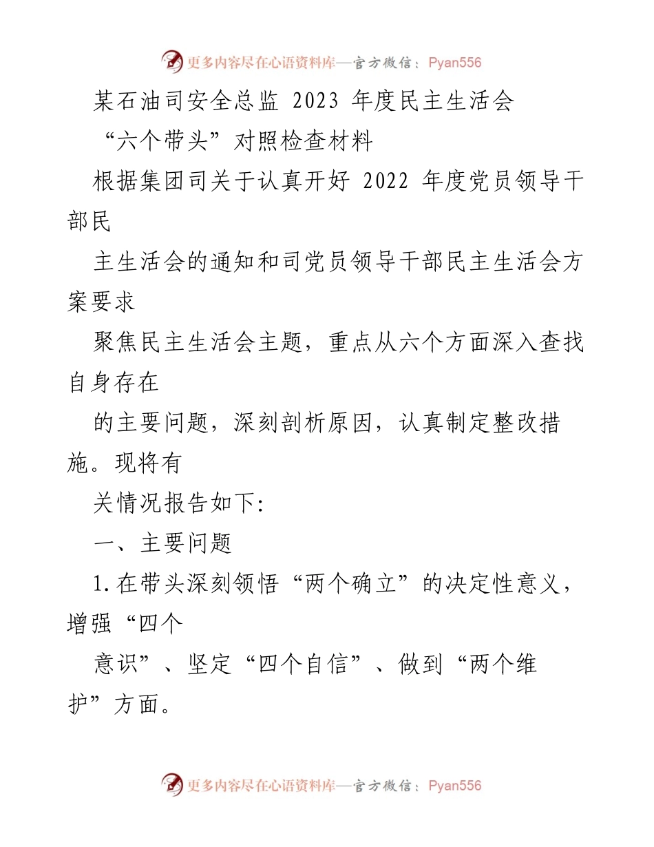 [发言] 年度民主生活会 - 2023年度某石油司安全总监民主生活会对照检查材料总结.docx_第1页