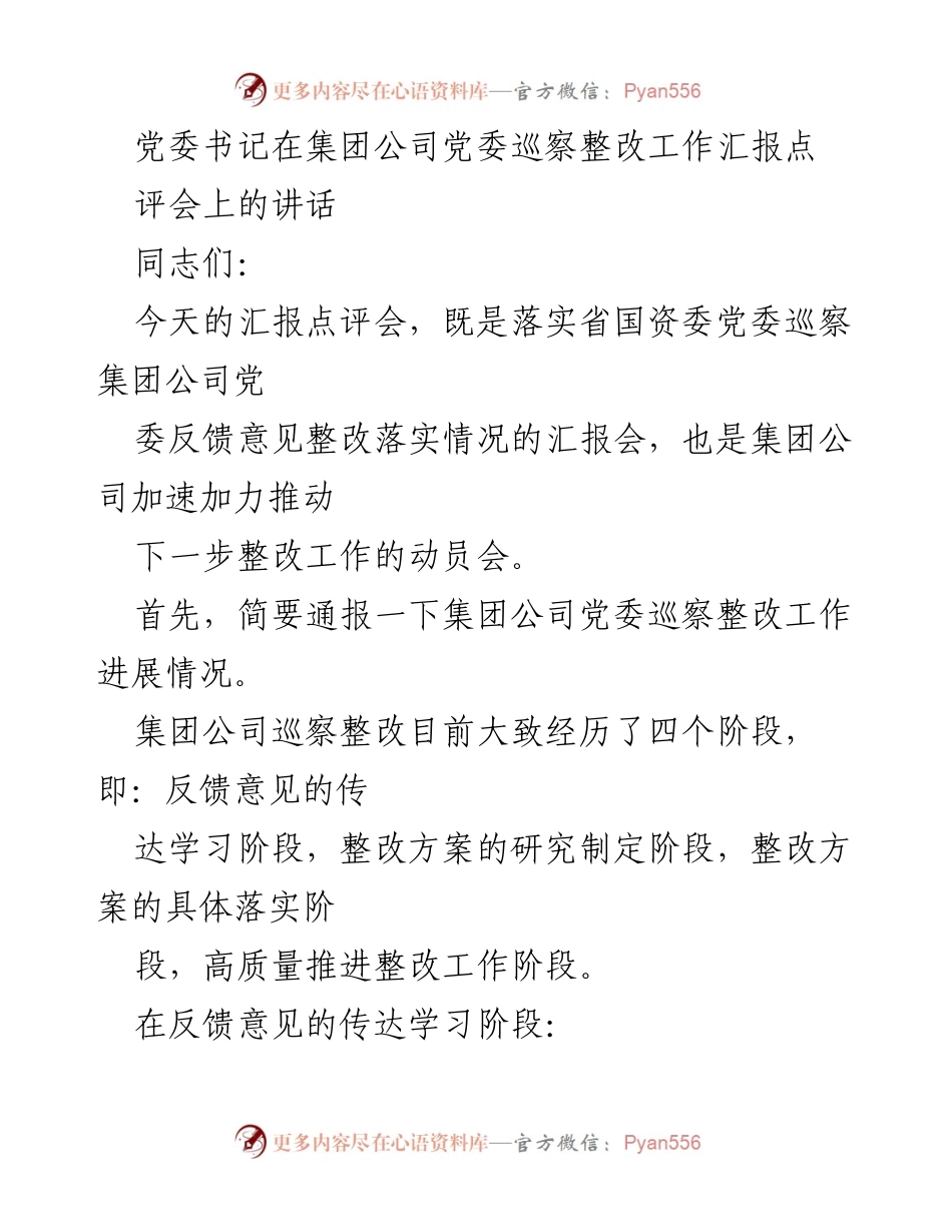 [发言] 巡察整改工作汇报点评会 - 党委书记关于集团公司巡察整改工作的讲话.docx_第1页