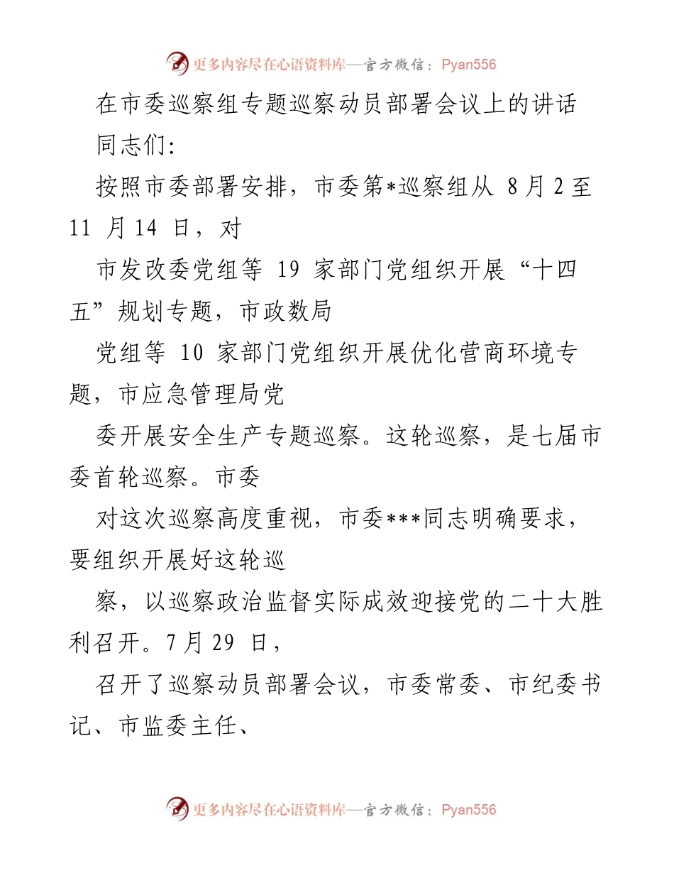 [发言] 市委巡察组专题巡察动员部署会议 - 市委巡察组专题巡察工作的重要性与任务部署.docx_第1页