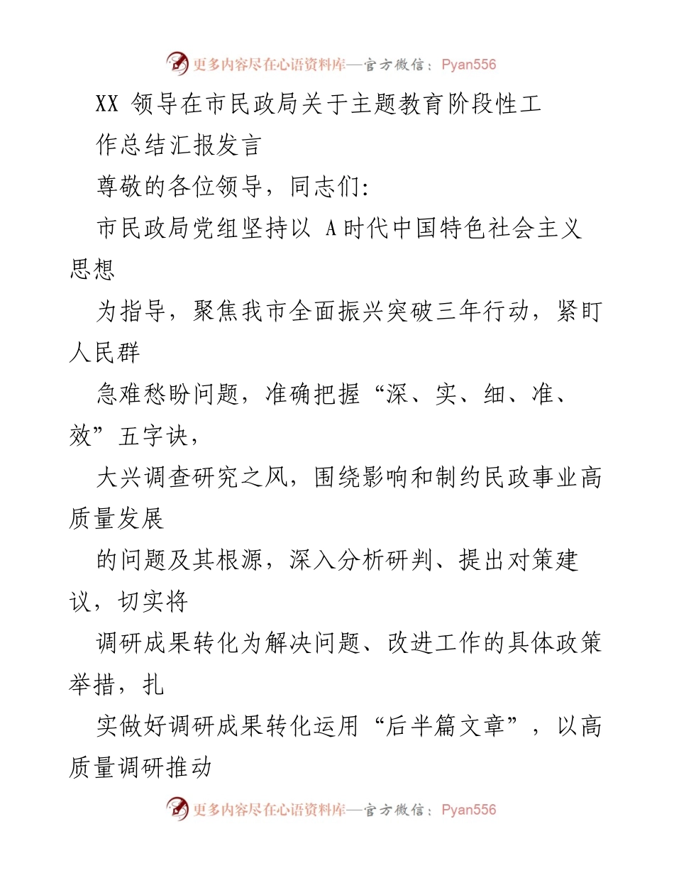 [发言] 市民政局工作总结会议 - 市民政局主题教育阶段性工作总结与调研成果转化报告.docx_第1页