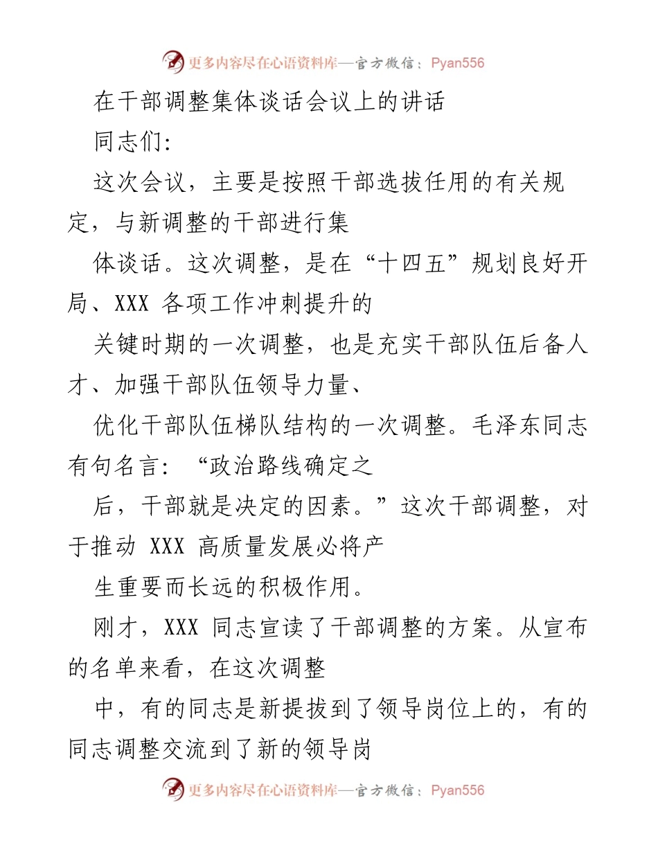 [发言] 干部调整集体谈话会议 - 干部调整的重要性与标准解读.docx_第1页