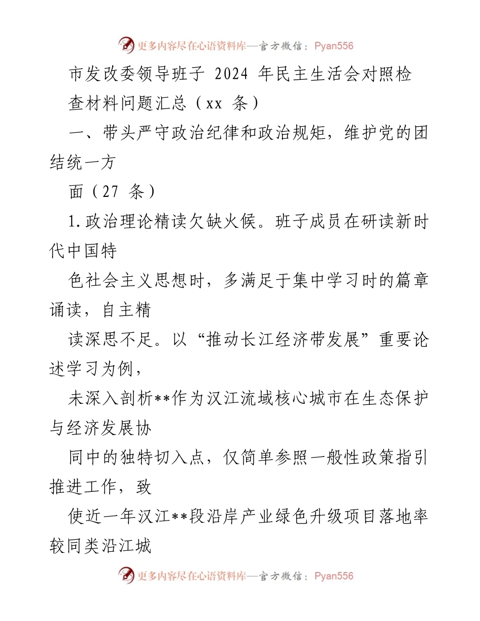 [发言] 市发改委 2024 年民主生活会 - 领导班子政治纪律与理论学习问题剖析.docx_第1页