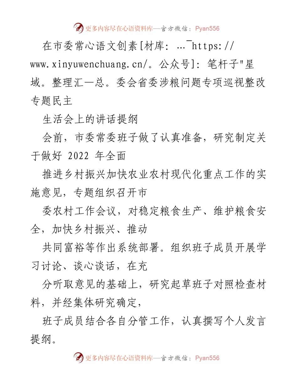 [发言] 市委常委会 - 加强粮食安全责任，落实巡视整改措施.docx_第1页