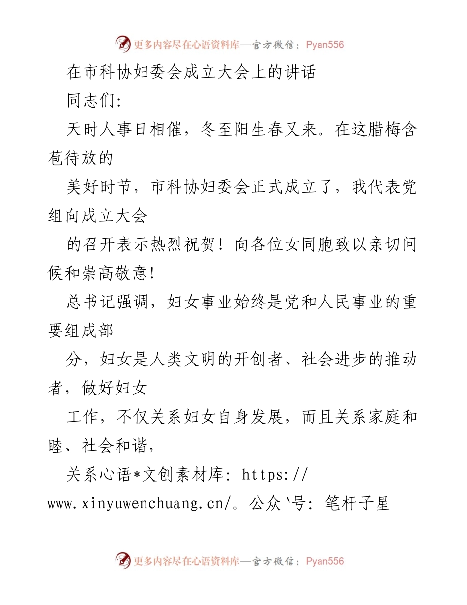 [发言] 市科协妇委会成立大会 - 市科协妇委会成立大会讲话：展现新时代女性风采与责任.docx_第1页