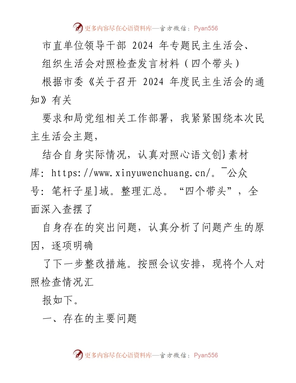 [发言] 市直单位领导干部2024年专题民主生活会 - 对照检查发言材料：深入查摆问题与整改措施.docx_第1页