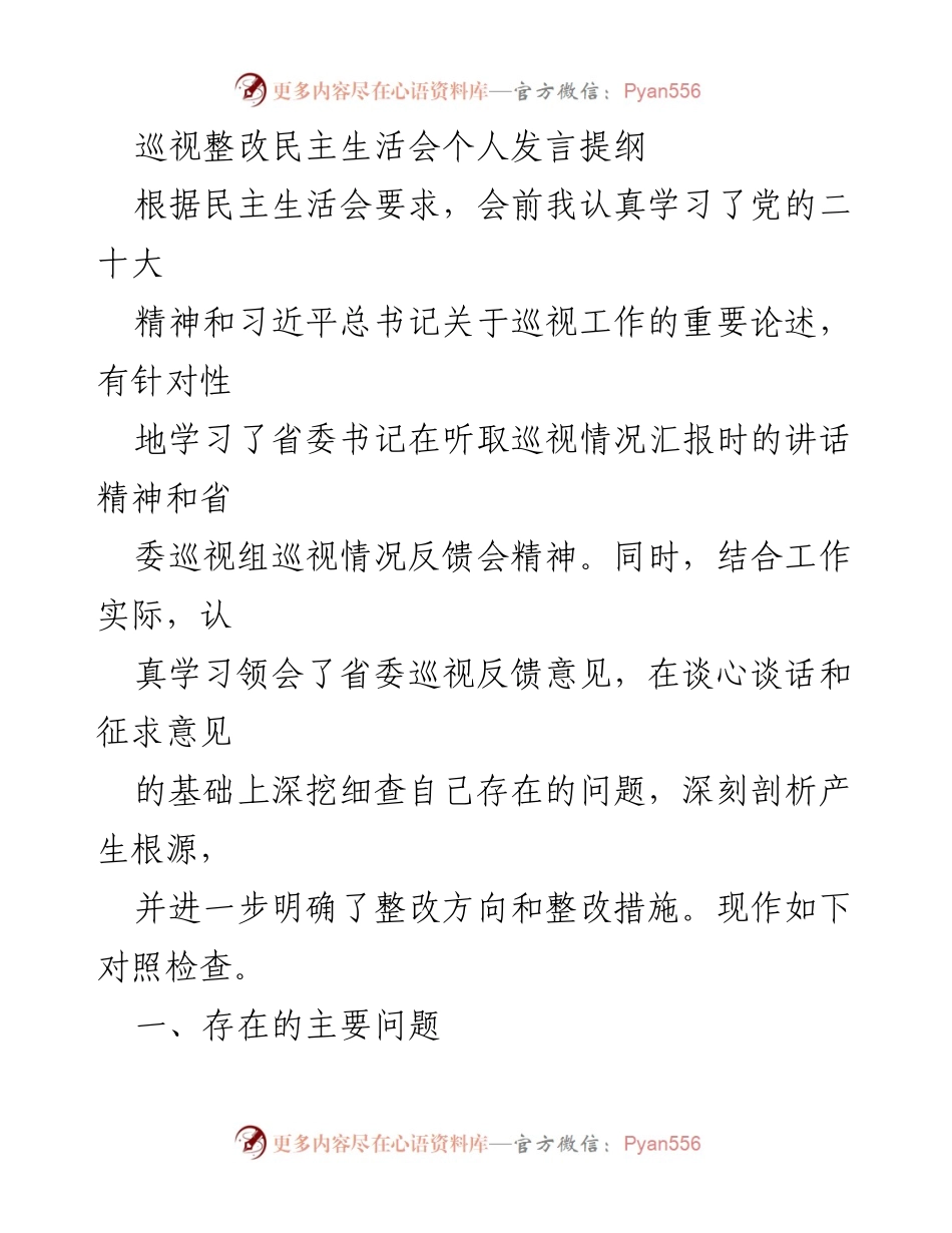 [发言] 巡视整改民主生活会 - 深刻剖析问题与整改措施的个人发言提纲.docx_第1页