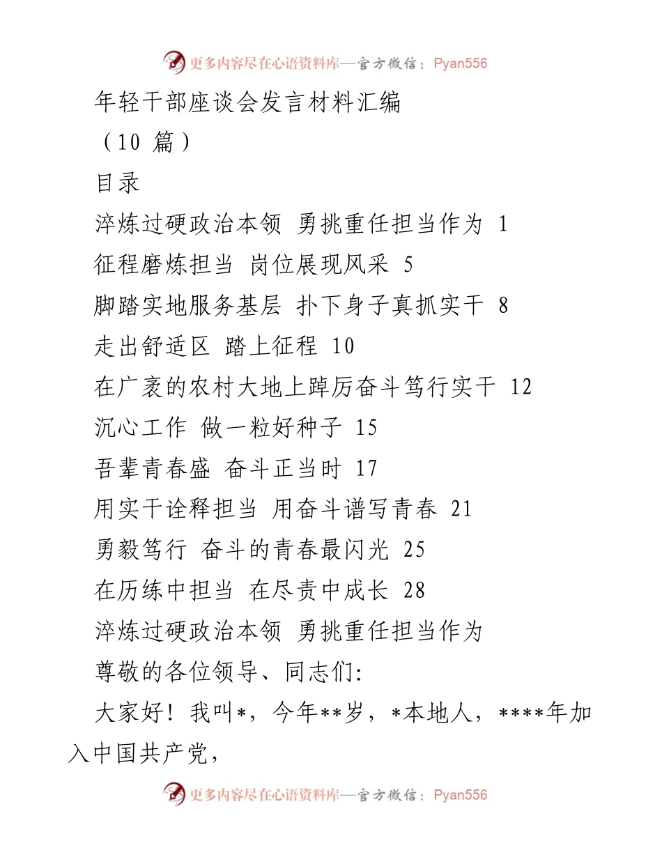 [发言] 年轻干部座谈会 - 锤炼政治本领，勇担重任，展现青春风采.docx_第1页