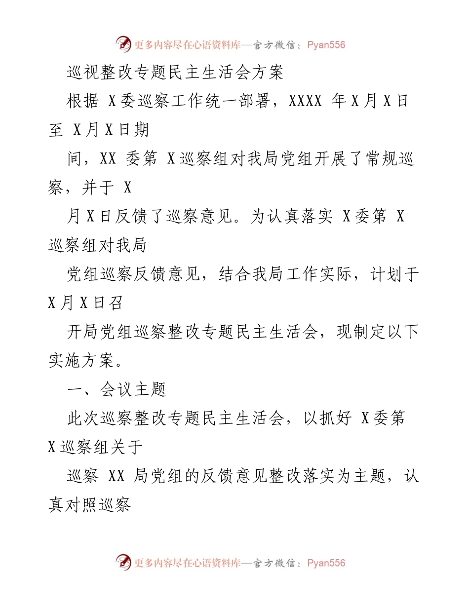 [发言] 巡视整改专题民主生活会 - 巡察反馈意见整改落实方案.docx_第1页