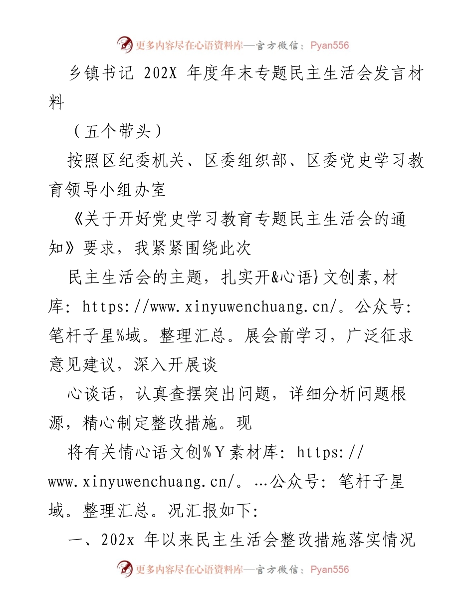 [发言] 年末专题民主生活会 - 乡镇书记年度整改措施发言材料.docx_第1页