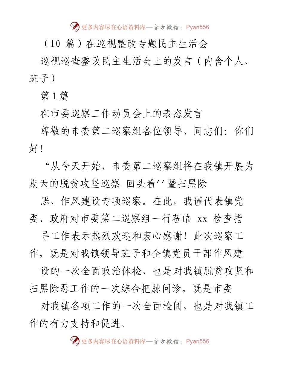 [发言] 巡视整改专题民主生活会 - 巡视工作表态发言与承诺.docx_第1页