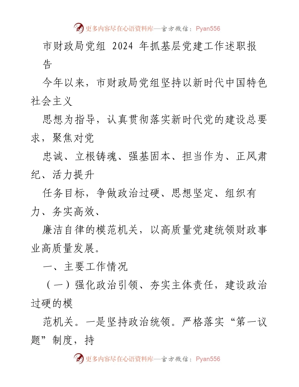 [发言] 市财政局党组 2024 年工作述职 - 2024年市财政局党组抓基层党建工作述职报告.docx_第1页