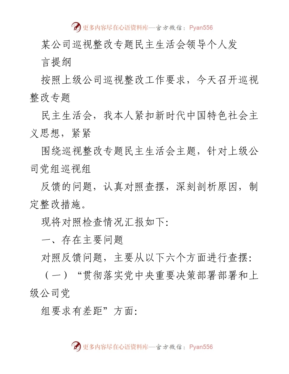 [发言] 巡视整改专题民主生活会 - 领导个人发言提纲及问题剖析.docx_第1页